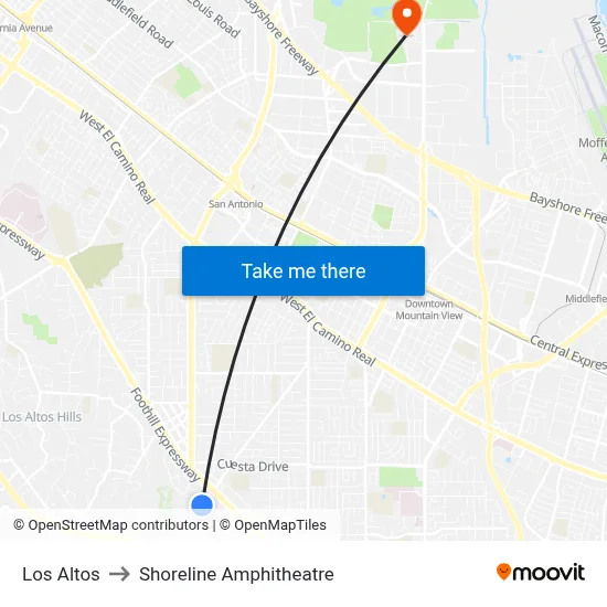Los Altos to Shoreline Amphitheatre map