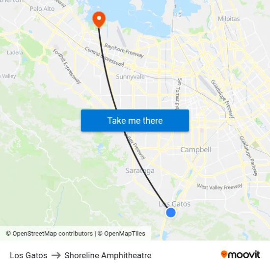 Los Gatos to Shoreline Amphitheatre map