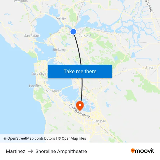 Martinez to Shoreline Amphitheatre map
