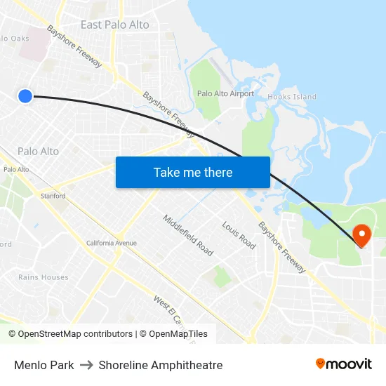 Menlo Park to Shoreline Amphitheatre map