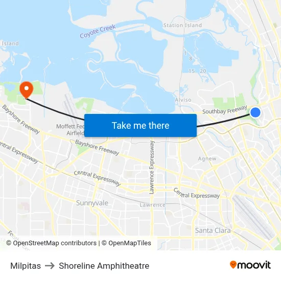 Milpitas to Shoreline Amphitheatre map