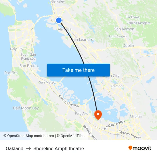 Oakland to Shoreline Amphitheatre map