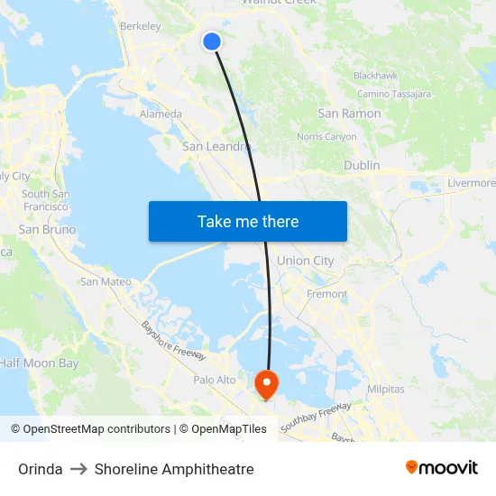 Orinda to Shoreline Amphitheatre map