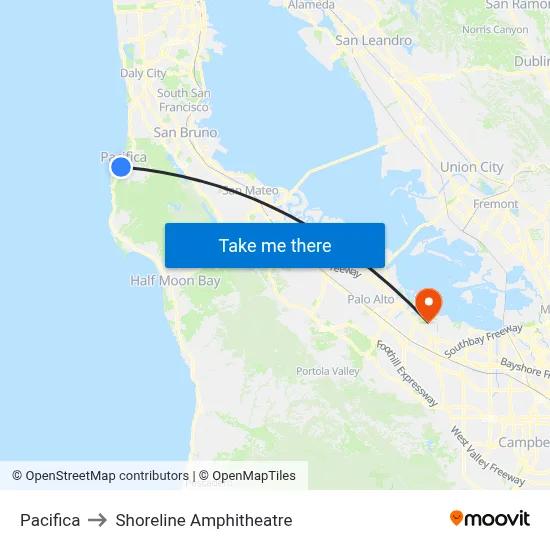 Pacifica to Shoreline Amphitheatre map