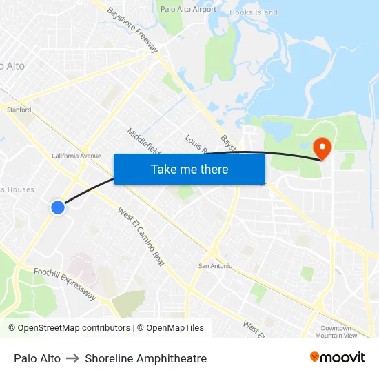 Palo Alto to Shoreline Amphitheatre map