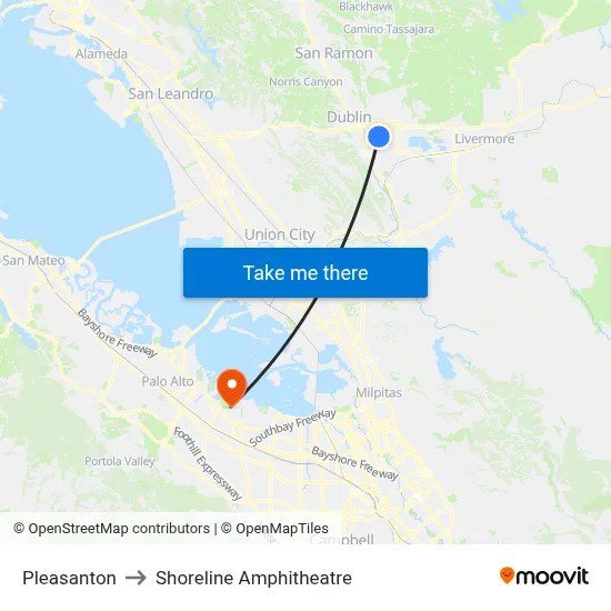 Pleasanton to Shoreline Amphitheatre map