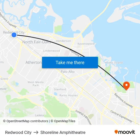 Redwood City to Shoreline Amphitheatre map