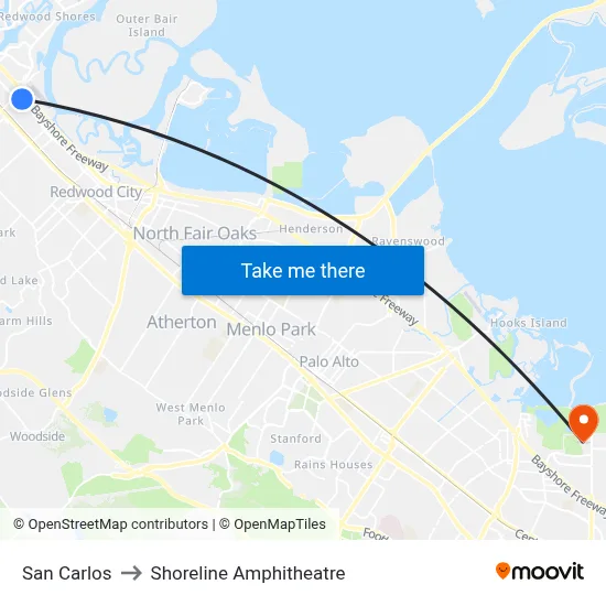 San Carlos to Shoreline Amphitheatre map