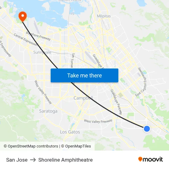San Jose to Shoreline Amphitheatre map