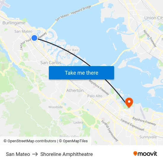 San Mateo to Shoreline Amphitheatre map