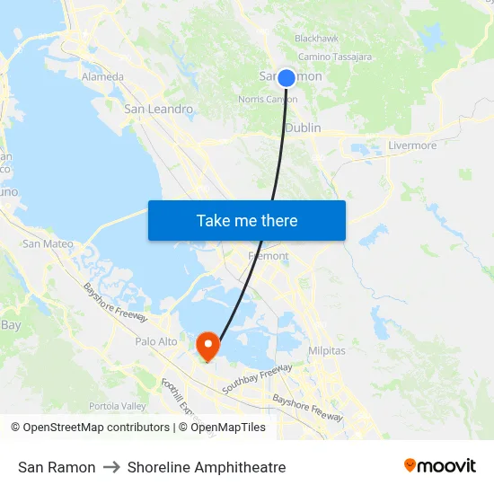 San Ramon to Shoreline Amphitheatre map