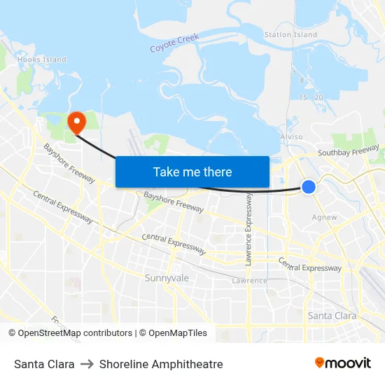 Santa Clara to Shoreline Amphitheatre map