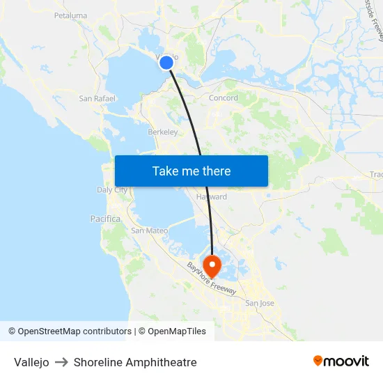 Vallejo to Shoreline Amphitheatre map