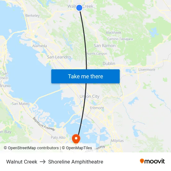 Walnut Creek to Shoreline Amphitheatre map