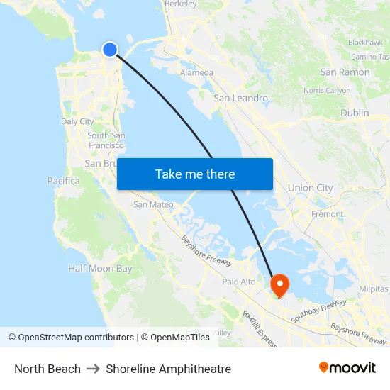 North Beach to Shoreline Amphitheatre map