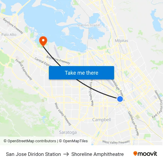 San Jose Diridon Station to Shoreline Amphitheatre map