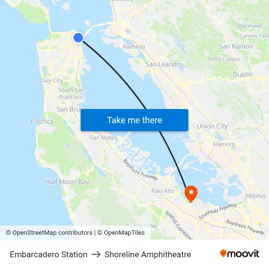 Embarcadero Station to Shoreline Amphitheatre map