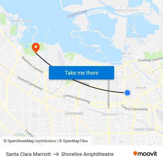 Santa Clara Marriott to Shoreline Amphitheatre map