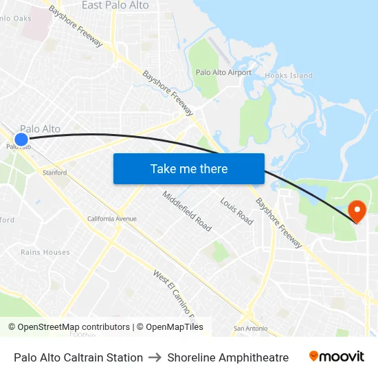 Palo Alto Caltrain Station to Shoreline Amphitheatre map
