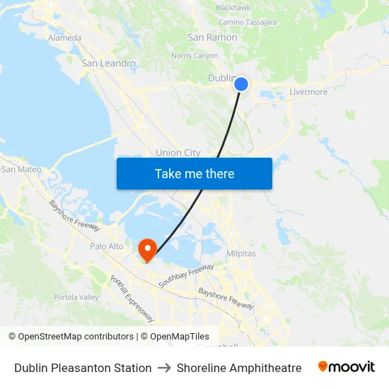 Dublin Pleasanton Station to Shoreline Amphitheatre map