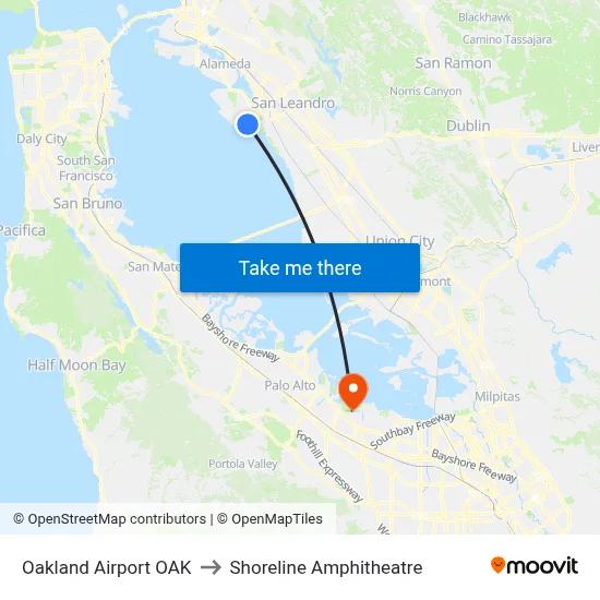 Oakland Airport OAK to Shoreline Amphitheatre map
