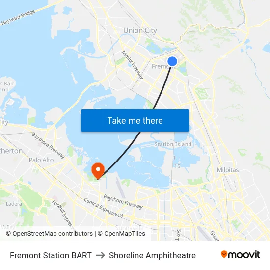 Fremont Station BART to Shoreline Amphitheatre map