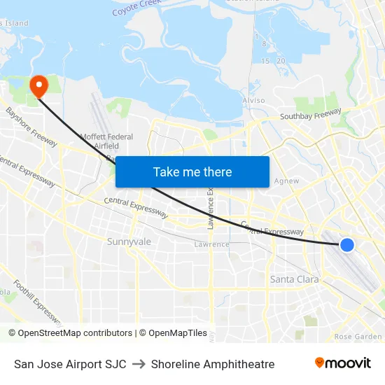 San Jose Airport SJC to Shoreline Amphitheatre map