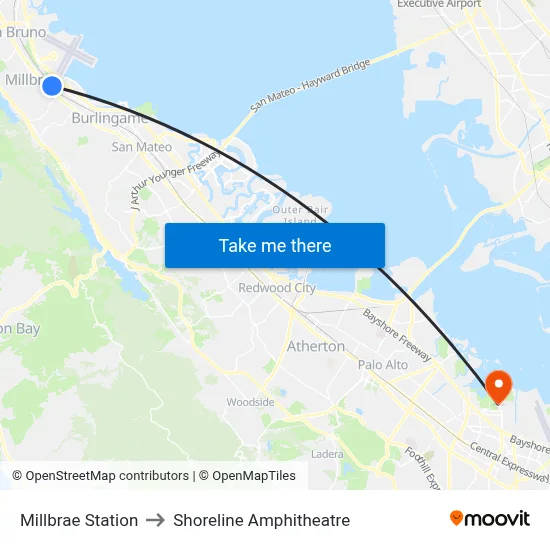 Millbrae Station to Shoreline Amphitheatre map