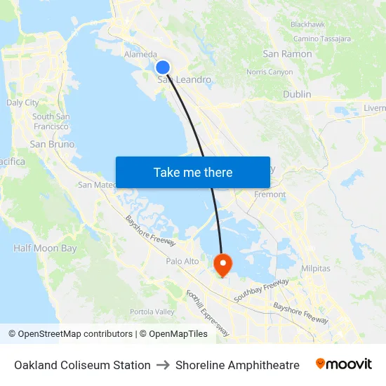 Oakland Coliseum Station to Shoreline Amphitheatre map