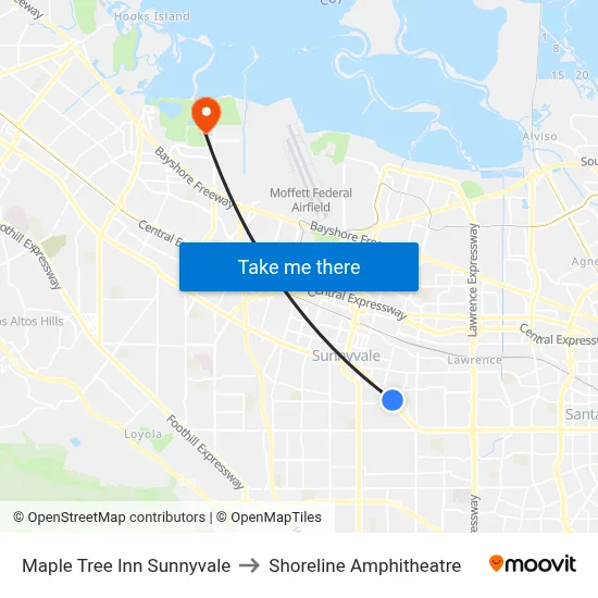 Maple Tree Inn Sunnyvale to Shoreline Amphitheatre map