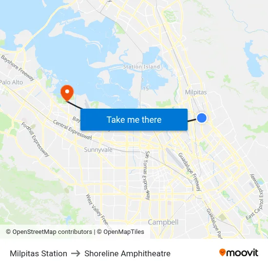 Milpitas Station to Shoreline Amphitheatre map