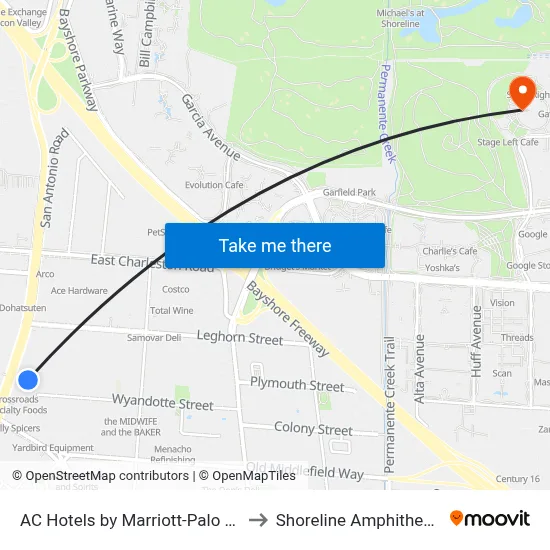 AC Hotels by Marriott-Palo Alto to Shoreline Amphitheatre map