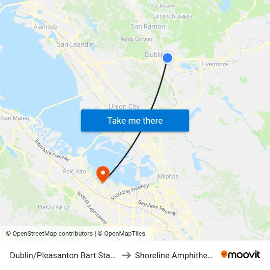 Dublin/Pleasanton Bart Station to Shoreline Amphitheatre map