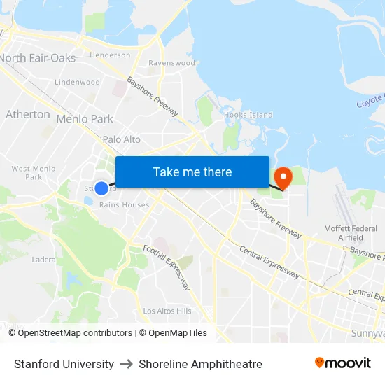 Stanford University to Shoreline Amphitheatre map
