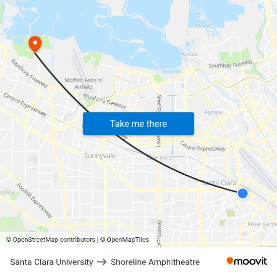 Santa Clara University to Shoreline Amphitheatre map