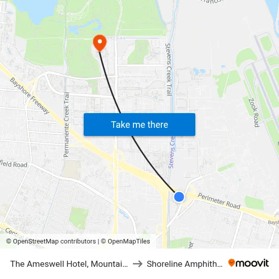 The Ameswell Hotel, Mountain View to Shoreline Amphitheatre map