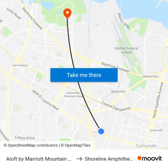 Aloft by Marriott Mountain View to Shoreline Amphitheatre map