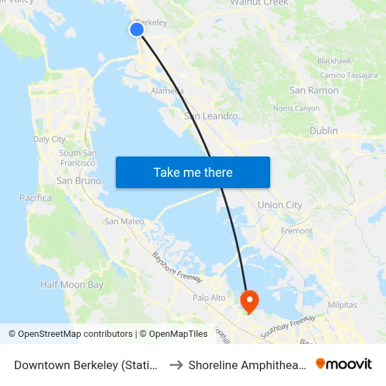 Downtown Berkeley (Station) to Shoreline Amphitheatre map