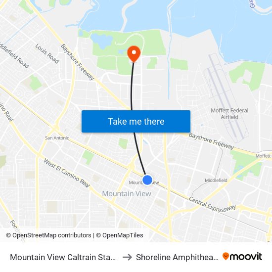 Mountain View Caltrain Station to Shoreline Amphitheatre map