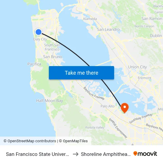 San Francisco State University to Shoreline Amphitheatre map