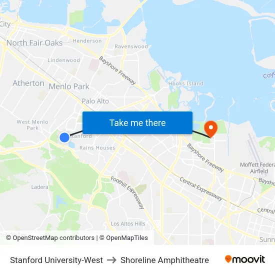 Stanford University-West, 355 Galvez St to Shoreline Amphitheatre map