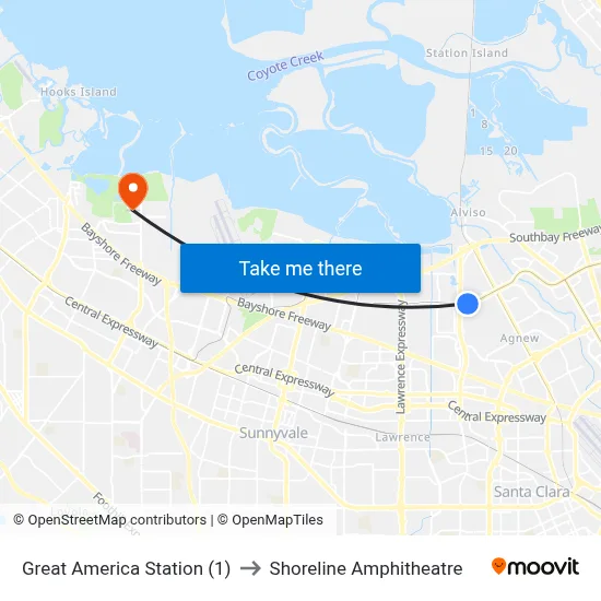 Great America Station (1) to Shoreline Amphitheatre map