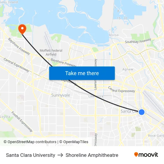 Santa Clara University to Shoreline Amphitheatre map
