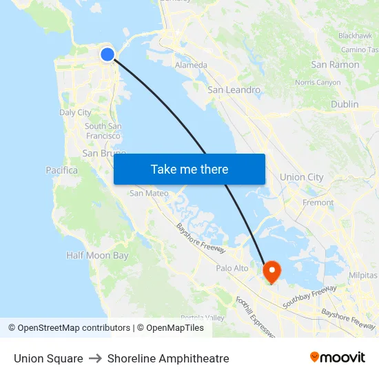 Union Square to Shoreline Amphitheatre map