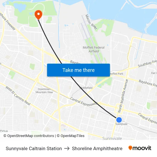 Sunnyvale Caltrain Station to Shoreline Amphitheatre map
