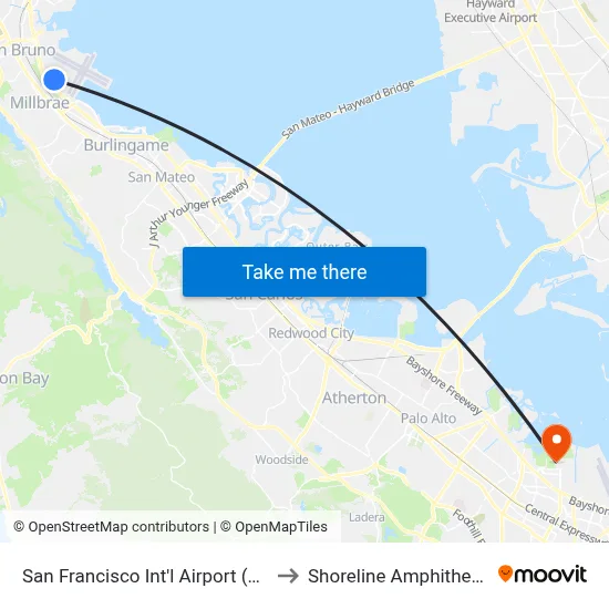 San Francisco Int'l Airport (SFO) to Shoreline Amphitheatre map