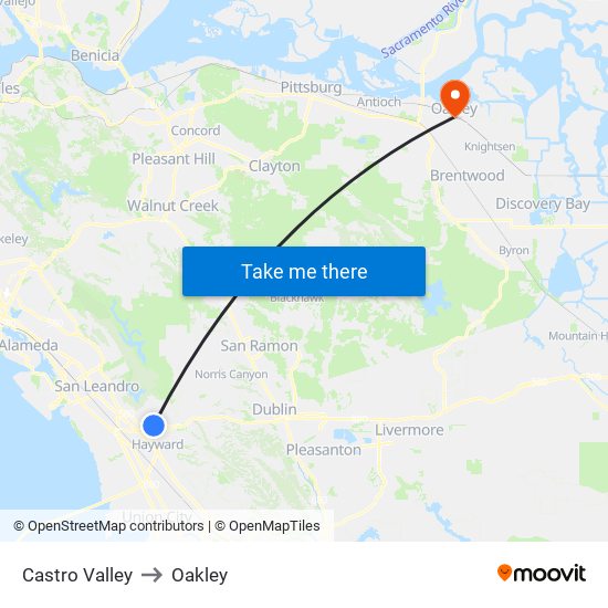 Castro Valley to Oakley map