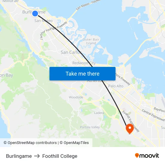 Burlingame to Foothill College map