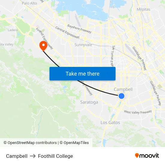 Campbell to Foothill College map