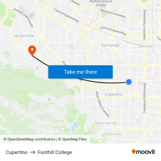 Cupertino to Foothill College map